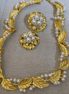 欧美夸张复古树叶珍珠项链锁骨链耳钉套装轻奢高级感气质大气耳环