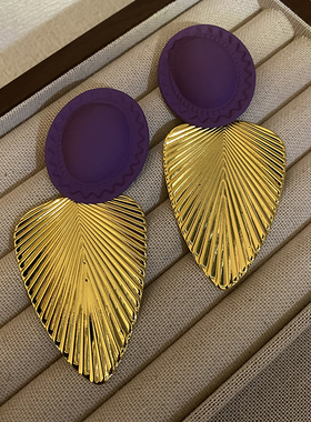 欧美夸张港风紫色金属金色树叶大耳环时尚冷淡风高级感耳饰耳坠潮