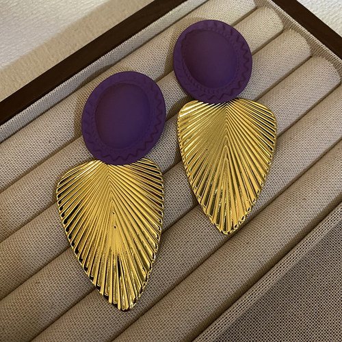 欧美夸张港风紫色金属金色树叶大耳环时尚冷淡风高级感耳饰耳坠潮
