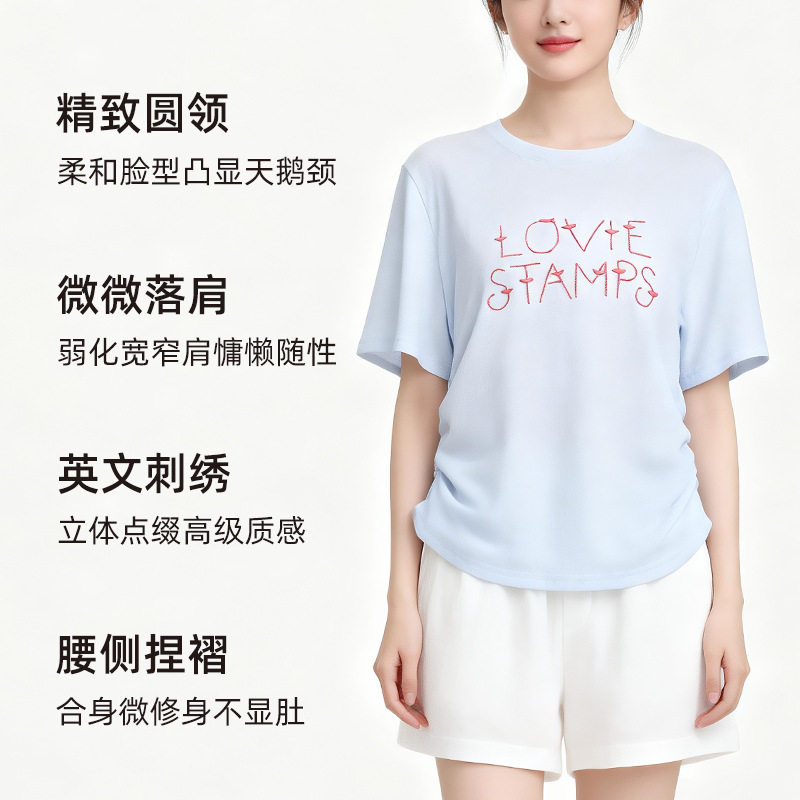 圆领抽褶收腰短袖针织衫女夏