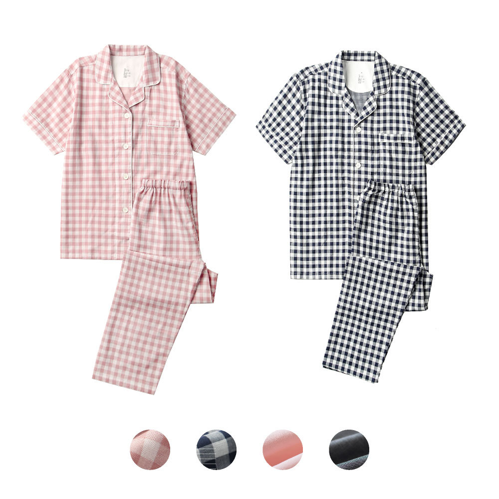 短袖睡衣女夏格子双层纱织棉