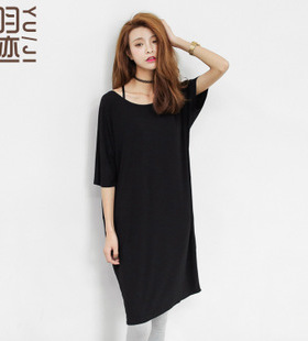 EAL春夏女装 纯色莫代尔短袖 宽松连衣裙 长裙大码Y727
