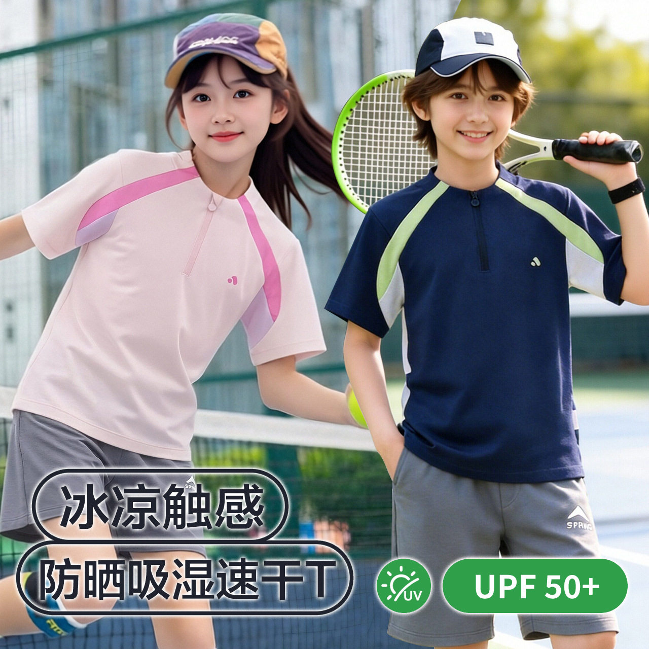 ABT夏季薄款儿童短袖T恤冰丝速干半拉链男童运动上衣 女童防晒衣