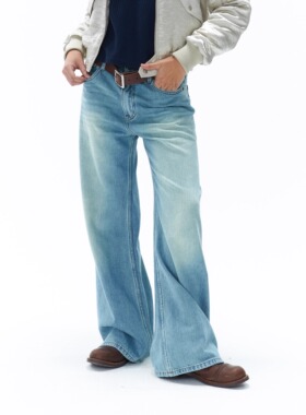 AXYPAGES复古美式潮流浅色宽松显瘦水洗阔腿中性风男女同款牛仔裤