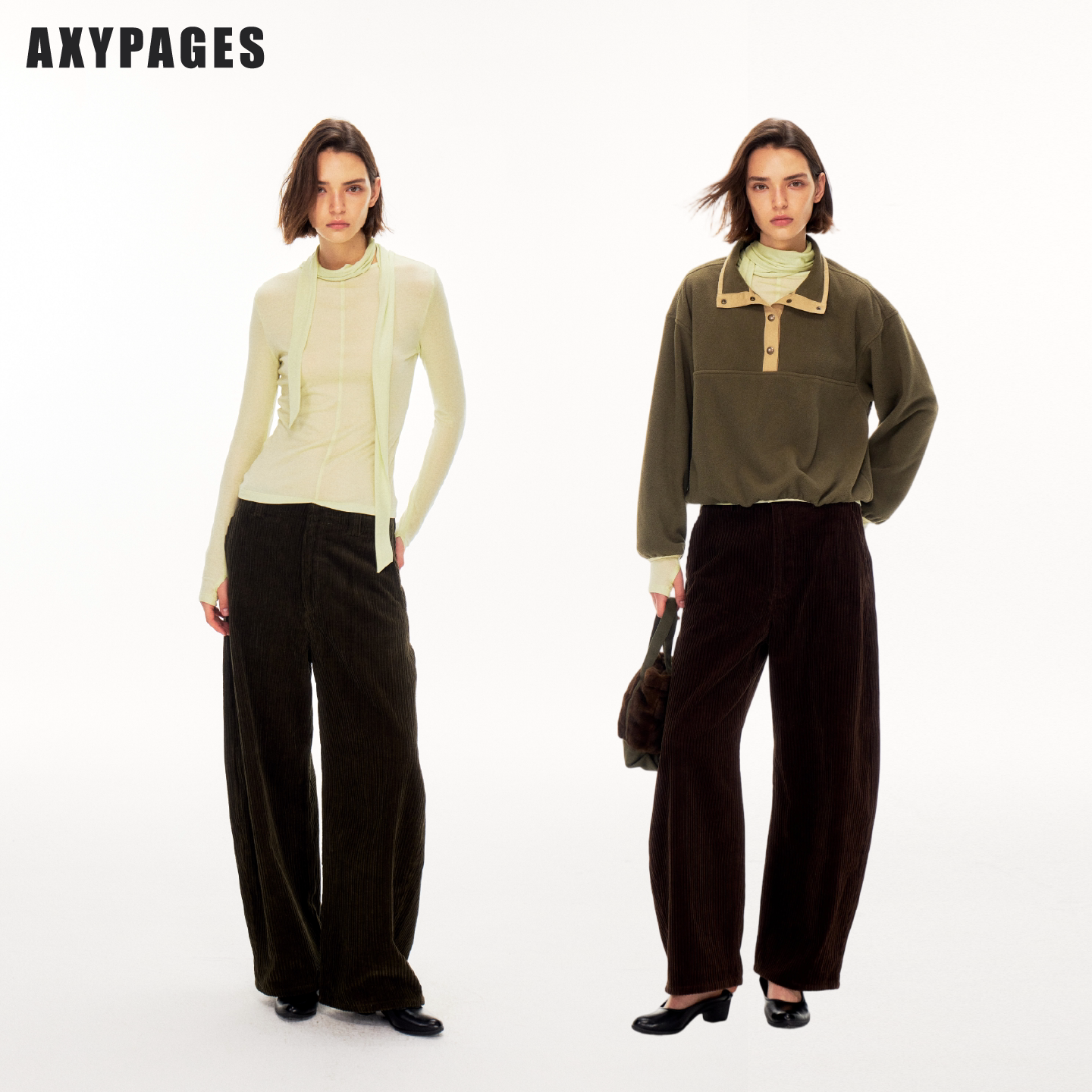AXYPAGES复古竖条灯芯绒肌理宽松弧形剪裁遮胯显瘦休闲长裤