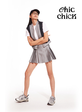 ChicChick时髦小鸡vol14光泽灰色西装条纹百褶防走光迷你短裙