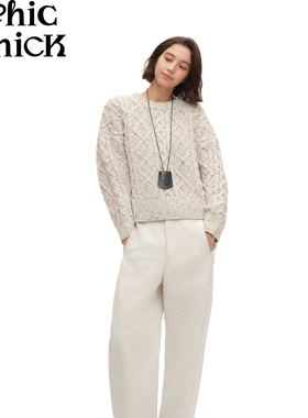 ChicChick时髦小鸡新品 复古藤校风 米灰白杂色花纱套头绞花毛衣