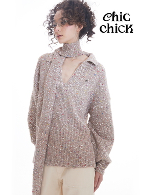 ChicChick时髦小鸡vol15粉卡其彩点围巾+宽松套头翻领毛衣两件套