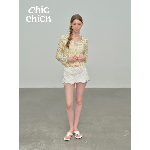 ChicChick时髦小鸡 Creamy*奶油黄镂空蕾丝长袖开衫+吊带两件套