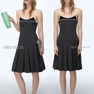 ChicChick时髦小鸡新品 m1u系灰黑撞色运动吊带拼接假两件连衣裙