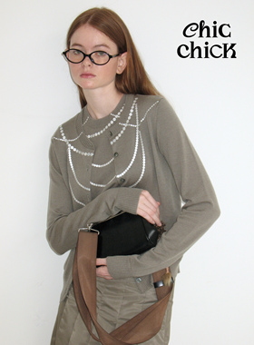 ChicChick时髦小鸡18卡其美丽奴羊毛珍珠项链针织背心开衫两件套