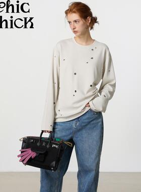 ChicChick时髦小鸡新品 灰白色 松弛感莫代尔金属气眼装饰长袖T恤