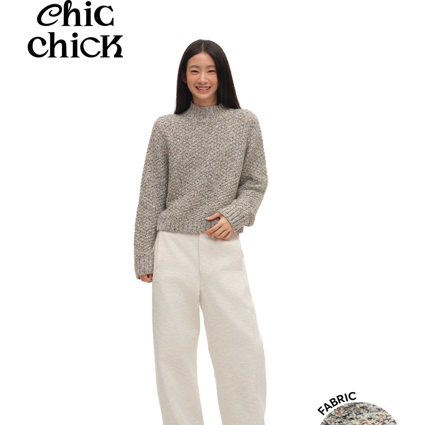ChicChick时髦小鸡 意大利灰白浣熊绒含羊毛精纺亮片高腰套头毛衣