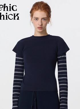 ChicChick 时髦小鸡新品 藏蓝色 含羊毛假两件撞色条纹针织毛衣