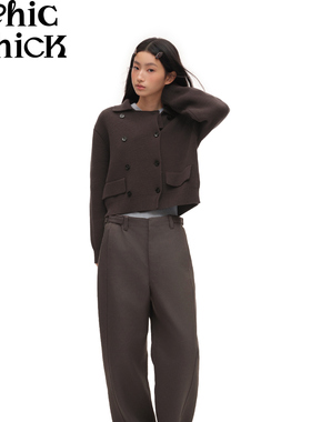 ChicChick时髦小鸡新品 松露棕美拉德双排扣纯棉纱线毛织开衫外套