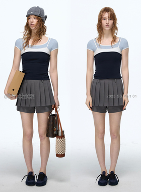 ChicChick时髦小鸡新品 mu1系蓝白撞色运动风花边拼接天丝短袖T恤