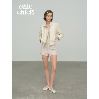 ChicChick时髦小鸡新品 撞色条纹拼接娃娃领假两件刺绣衬衫薄夹克