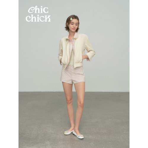 ChicChick时髦小鸡新品 撞色条纹拼接娃娃领假两件刺绣衬衫薄夹克
