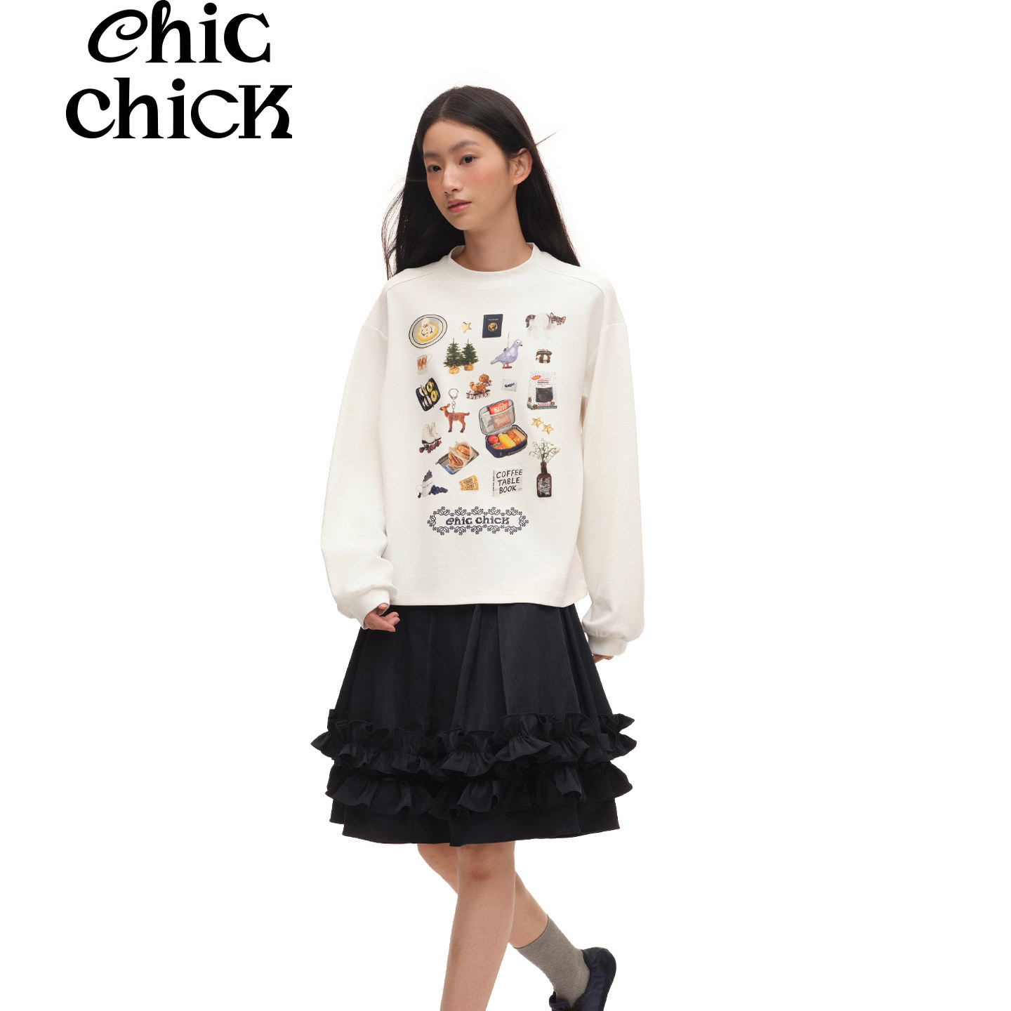 ChicChick时髦小鸡 假日手帐 贴纸印花超柔莫代尔长袖宽松内搭T恤