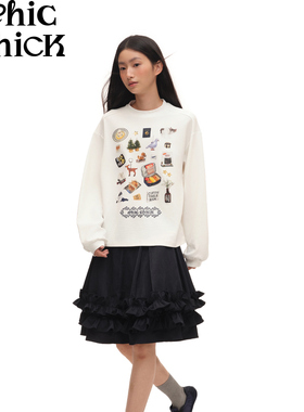 ChicChick时髦小鸡 假日手帐 贴纸印花超柔莫代尔长袖宽松内搭T恤