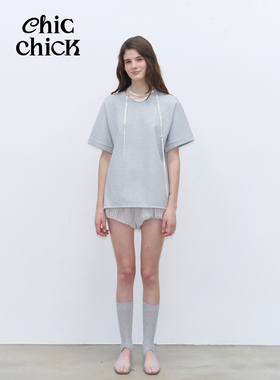 ChicChick时髦小鸡新品能量电镀幻彩水晶玻璃珠项链装饰短袖灰T恤