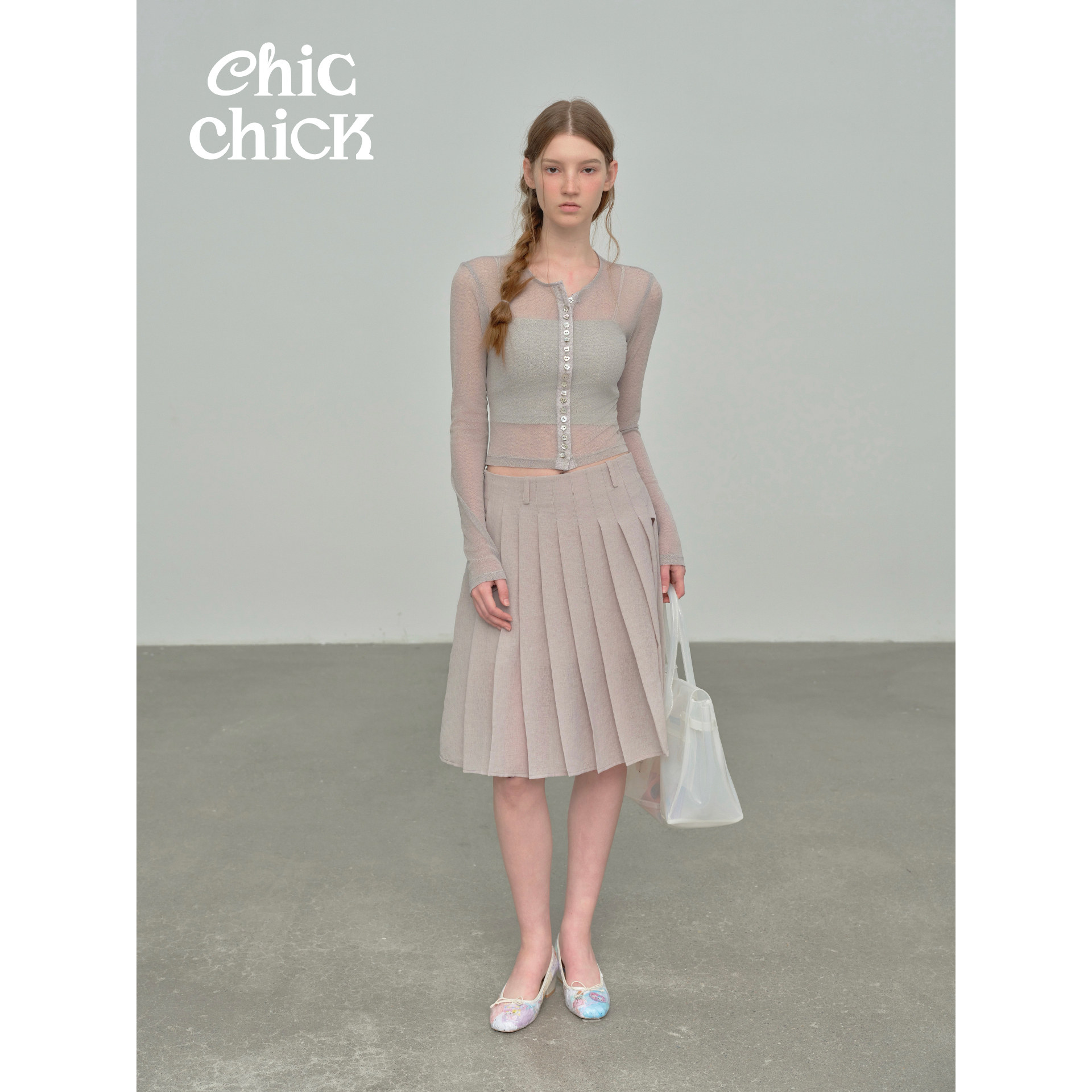 ChicChick时髦小鸡Menta Rose*粉灰色透视皱感肌理面料百褶半裙