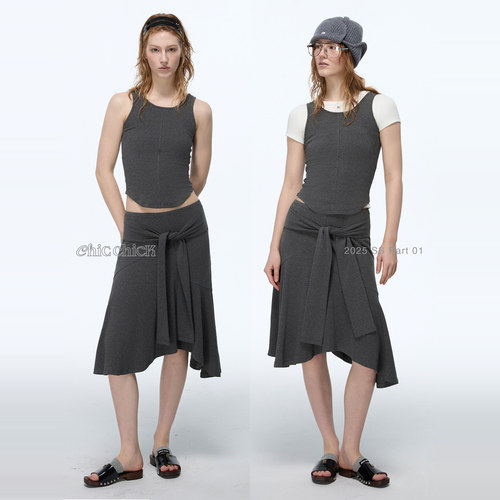 松弛感系袖杂灰色鱼尾半裙长裙