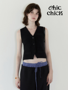 ChicChick时髦小鸡vol20TomBoy风格 黑色极简v领圈圈纱针织马甲
