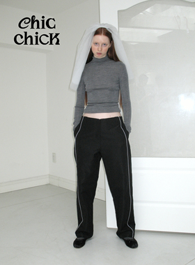 ChicChick时髦小鸡vol18黑色内啡肽条纹装饰记忆尼龙运动西装长裤