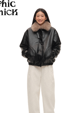 ChicChick时髦小鸡 甄选羊剪绒真毛毛领黑色油蜡肌理感夹棉皮外套