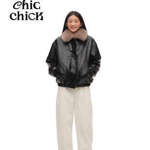 ChicChick时髦小鸡 甄选羊剪绒真毛毛领黑色油蜡肌理感夹棉皮外套