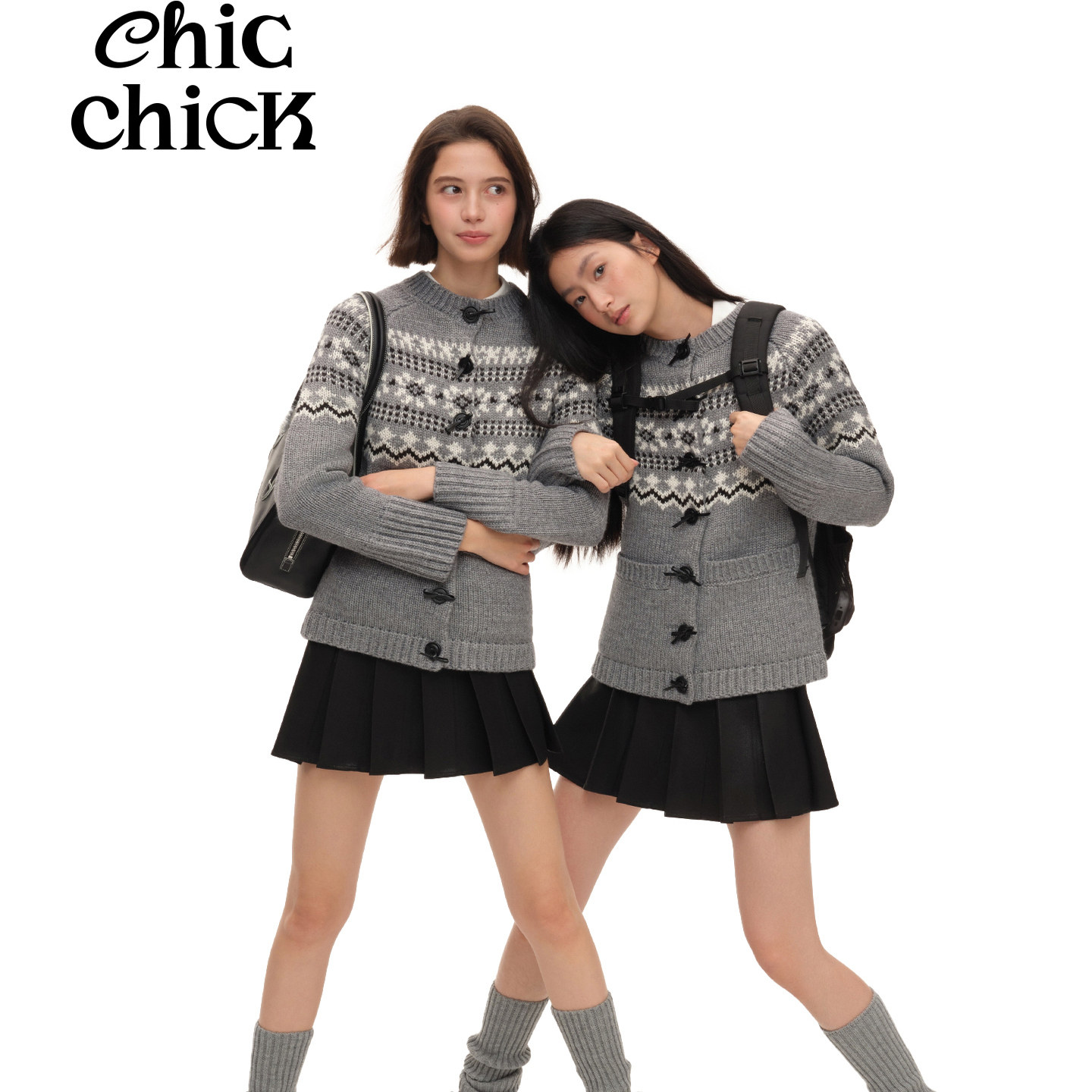 ChicChick时髦小鸡 日漫女高 黑色定制光感涂层秋冬西装百褶裙裤