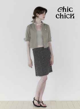 ChicChick时髦小鸡vol20卡其绿色正肩收腰七分袖复古夏季短款衬衫
