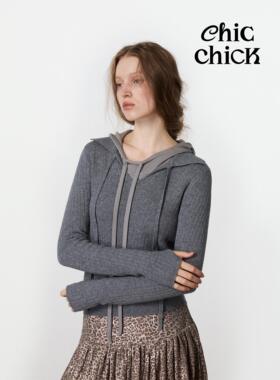 ChicChick时髦小鸡新品 铅笔灰 格雷系翻领造型飘带叠穿针织衫