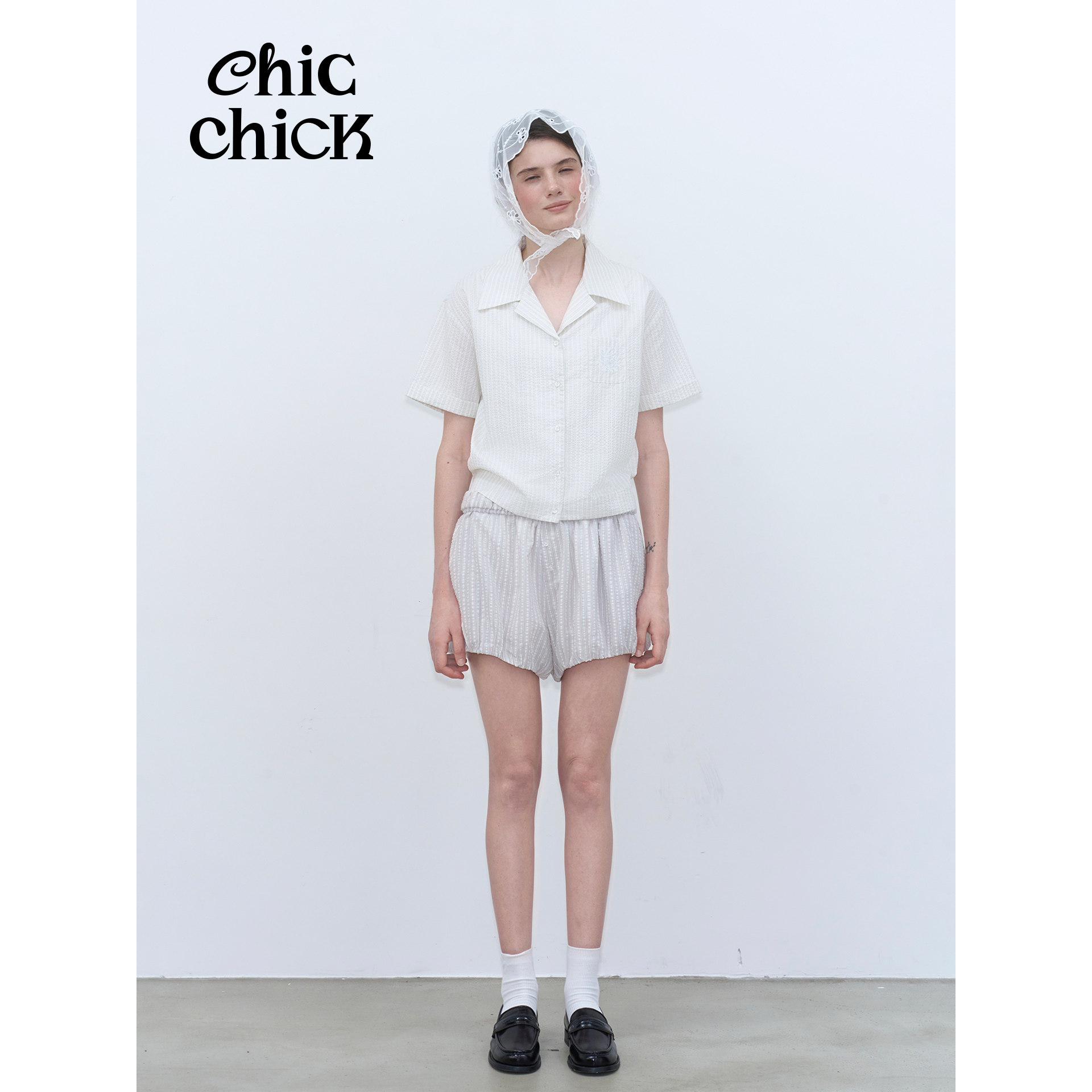 ChicChick时髦小鸡新品 法式复古米白条纹立体泡泡棉刺绣古巴衬衫