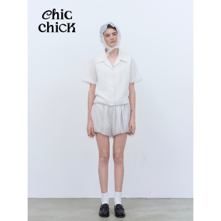 复古米白条纹立体泡泡棉刺绣古巴衬衫 ChicChick时髦小鸡新品 法式