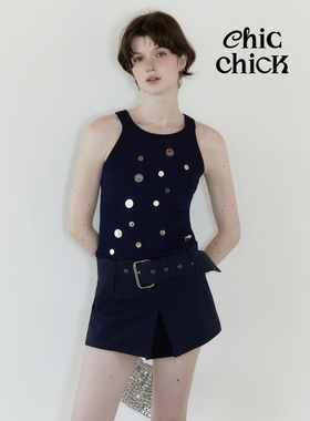 ChicChick时髦小鸡vol20藏蓝重工不规则金属装饰拼接针织工字背心