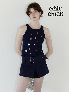 ChicChick时髦小鸡vol20藏蓝重工不规则金属装 饰拼接针织工字背心