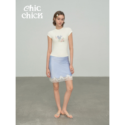 ChicChick时髦小鸡 珍珠白vintage风格复古小鸟刺绣肌理感高弹T恤
