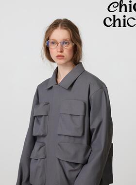 ChicChick时髦小鸡新品 巴恩风 灰色精纺羊毛立体袋猎装夹克外套