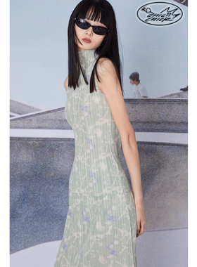 ChicChick时髦小鸡vol12绿色蔷薇印花三宅风手工压褶无袖高领背心