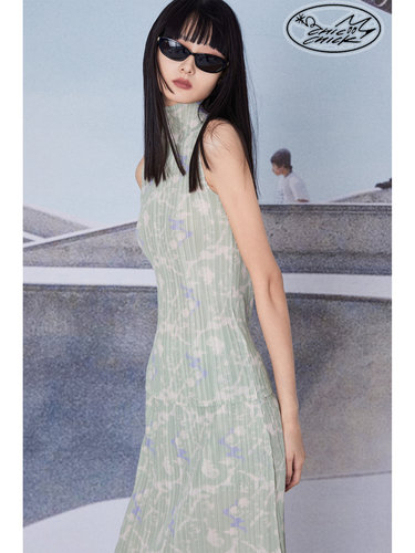 印花无袖复古薄款压褶面料女背心