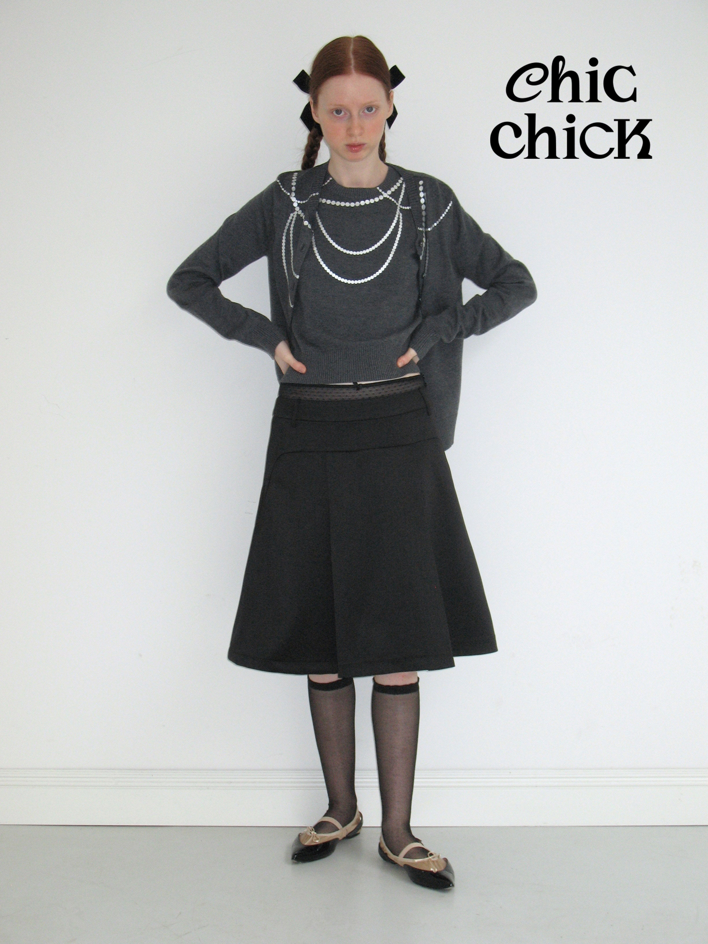 chicchick缎面拼接蕾丝边半裙