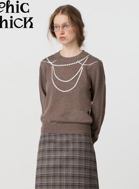 ChicChick时髦小鸡新品 复古棕色系格纹 手工撞钉装饰直筒半裙