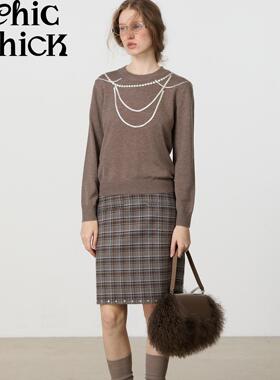 ChicChick时髦小鸡新品 栗子棕 精制美丽奴羊毛 珍珠印花套头毛衣