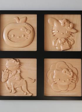 中古风卡通kitty表情包黑框装饰画实木墙上装饰画桌面木雕摆件
