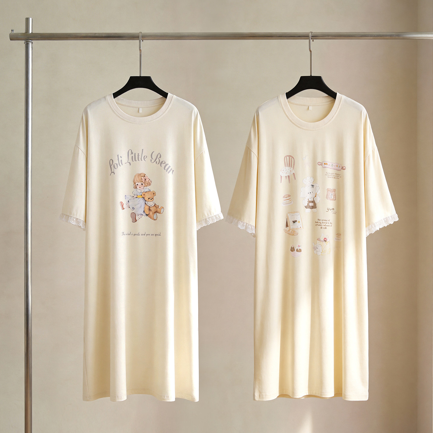 SLEEPTIGHT莫代尔睡裙女款夏季短袖卡通印花蕾丝夏天大码睡衣裙子