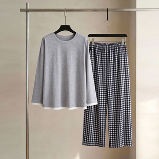 SLEEPTIGHT男士睡衣春秋款纯棉长袖青年男潮帅气时髦格子灰色套装