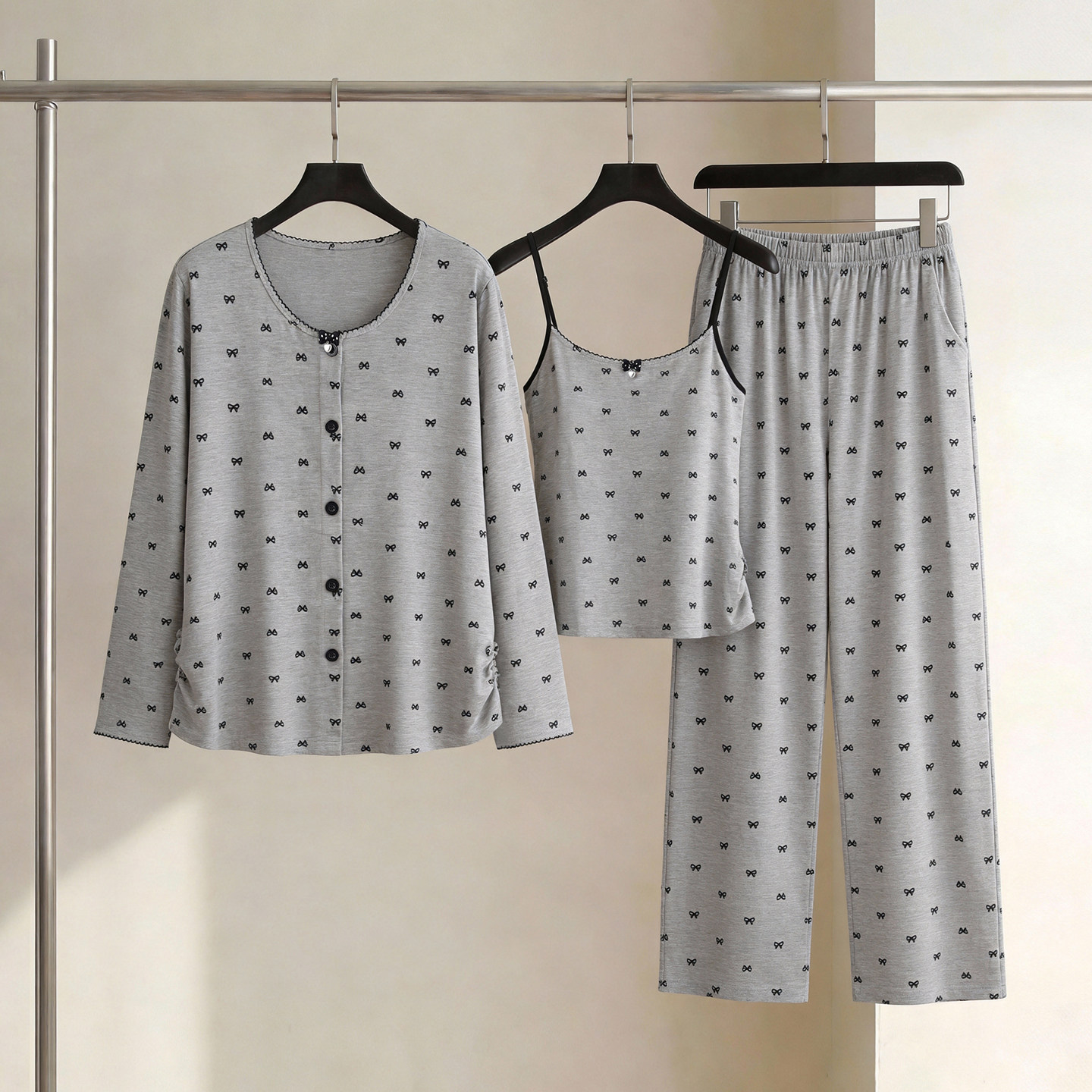 SLEEPTIGHT带胸垫睡衣女款长袖春夏季吊带蝴蝶结气质灰色款三件套