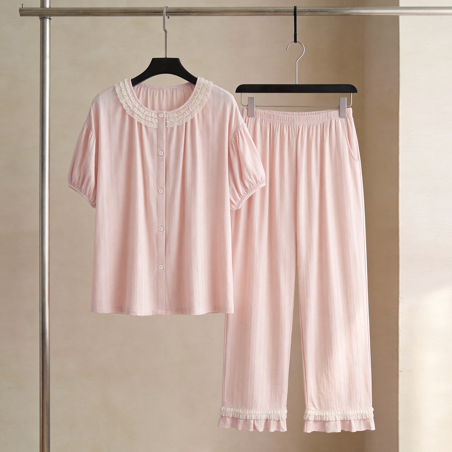 SLEEPTIGHT睡衣女款夏2026新款纯棉短袖长裤宫廷风粉色夏天家居服